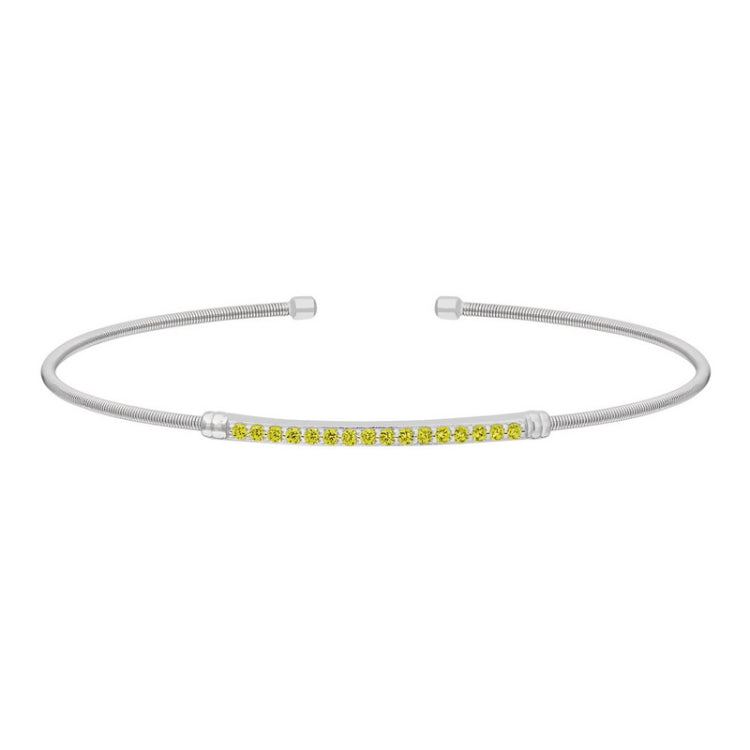 Rhodium finish sterling silver cable cuff bracelet with simulated peridot birth gems - august
