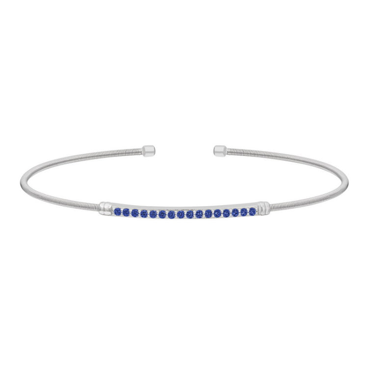 Rhodium finish sterling silver cable cuff bracelet with simulated blue sapphire birth gems - september