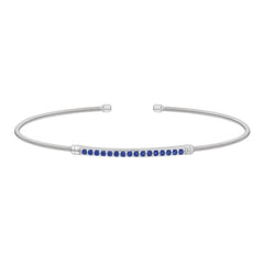 Rhodium finish sterling silver cable cuff bracelet with simulated blue sapphire birth gems - september