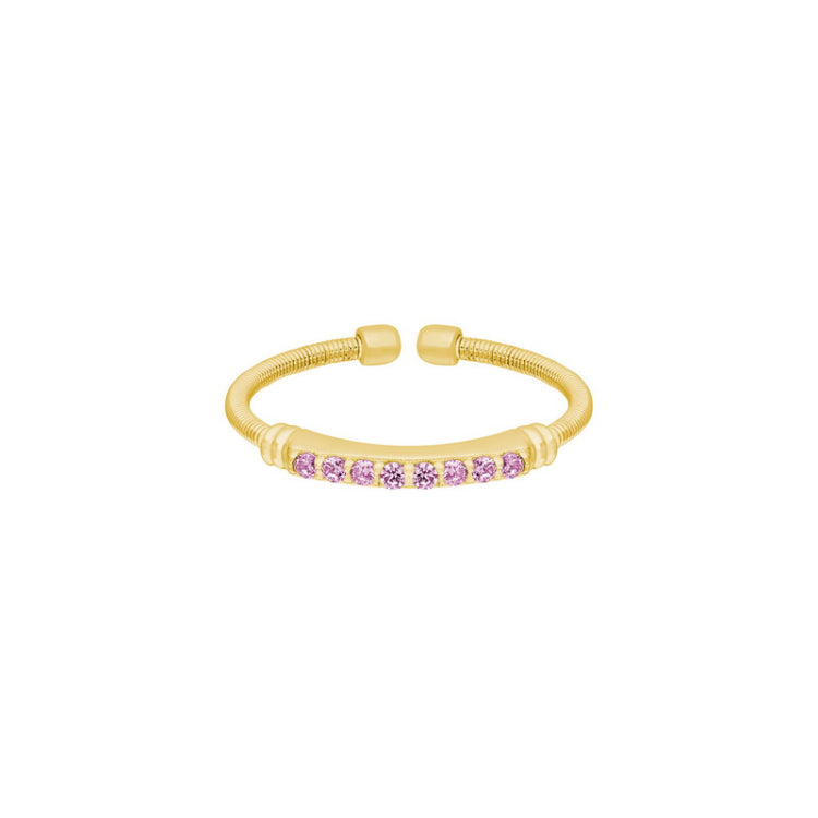 Gold Finish Sterling Silver Cable Cuff Ring with Simulated Pink Sapphire Birth Gems - October