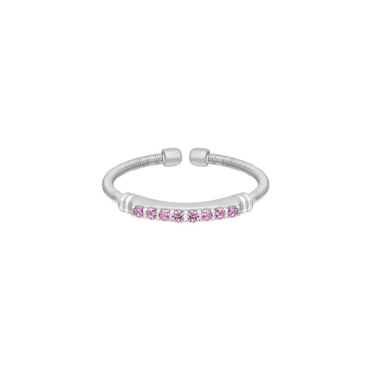 Rhodium Finish Sterling Silver Cable Cuff Ring with Simulated Pink Sapphire Birth Gems - October