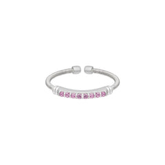 Rhodium Finish Sterling Silver Cable Cuff Ring with Simulated Pink Sapphire Birth Gems - October