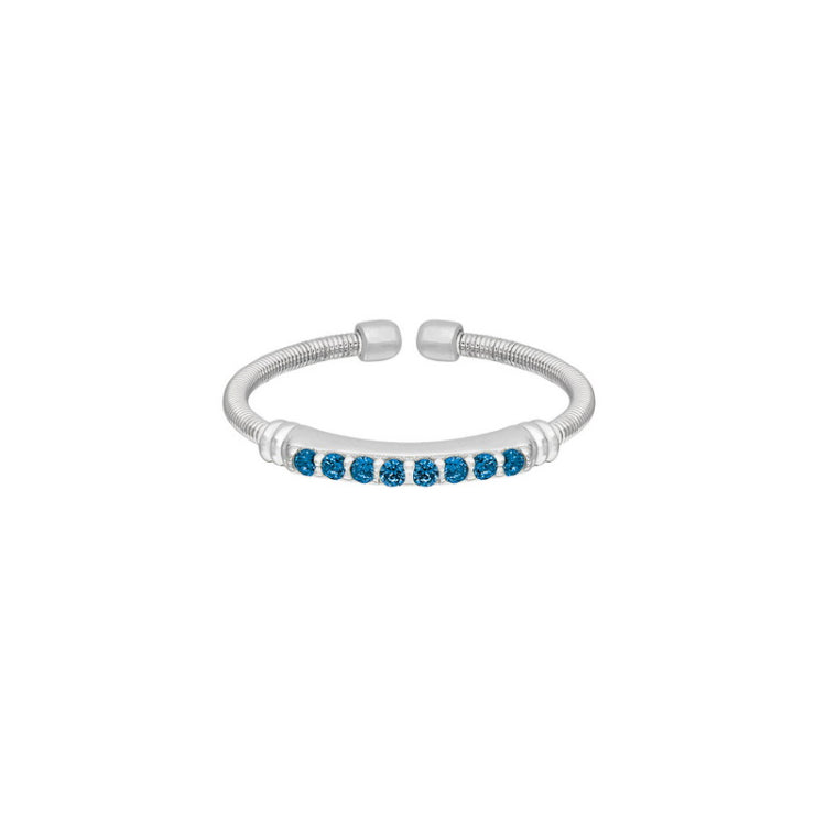 Rhodium Finish Sterling Silver Cable Cuff Ring with Simulated Blue Zircon Birth Gems - December