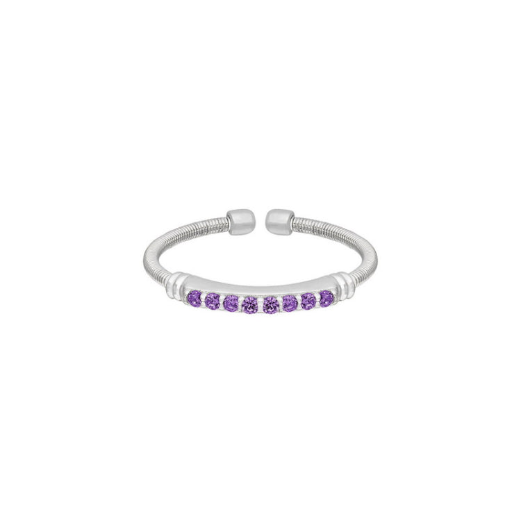 Rhodium Finish Sterling Silver Cable Cuff Ring with Simulated Amethyst Birth Gems - February