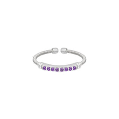 Rhodium Finish Sterling Silver Cable Cuff Ring with Simulated Amethyst Birth Gems - February