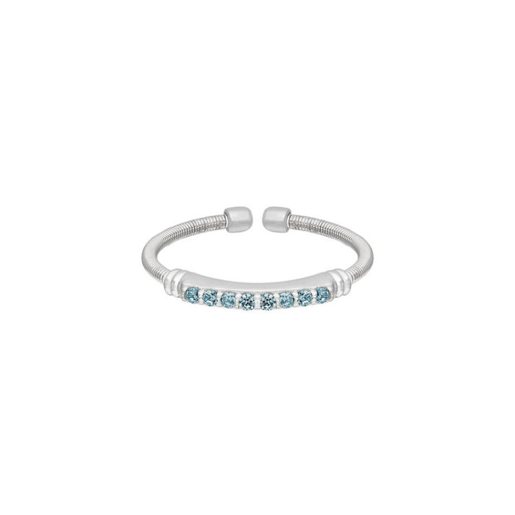 Rhodium Finish Sterling Silver Cable Cuff Ring with Simulated Aquamarine Birth Gems - March