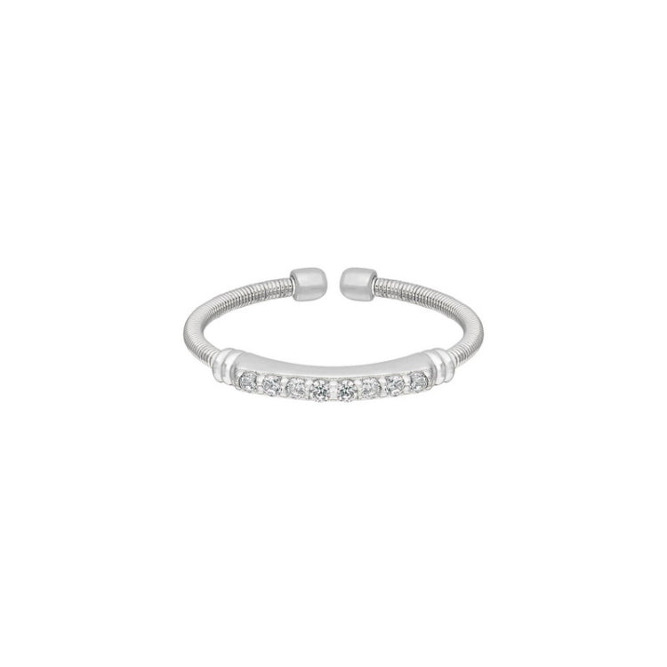 Rhodium Finish Sterling Silver Cable Cuff Ring with Simulated Diamond Birth Gems - April