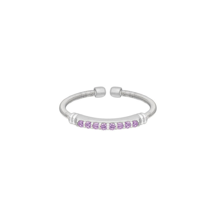 Rhodium Finish Sterling Silver Cable Cuff Ring with Simulated Light Amethyst Birth Gems - June