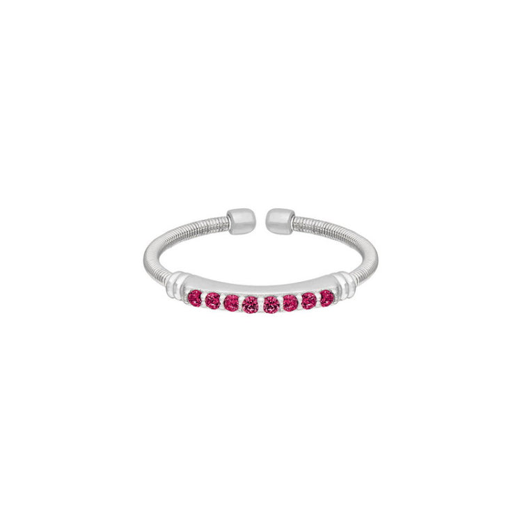 Rhodium Finish Sterling Silver Cable Cuff Ring with Simulated Ruby Birth Gems - July