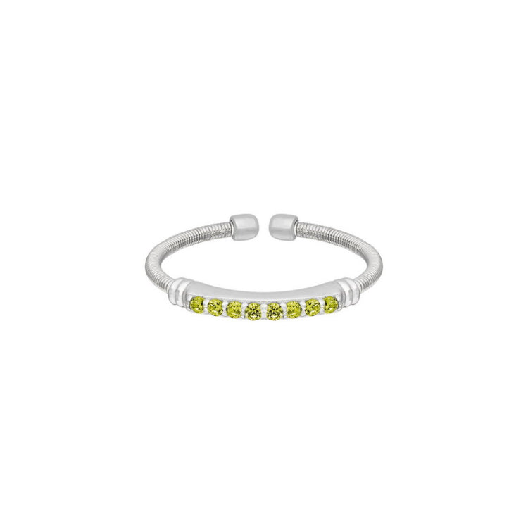 Rhodium Finish Sterling Silver Cable Cuff Ring with Simulated Peridot Birth Gems - August