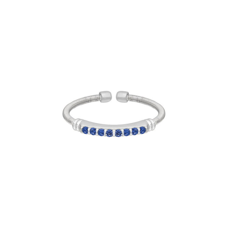 Rhodium Finish Sterling Silver Cable Cuff Ring with Simulated Blue Sapphire Birth Gems - September