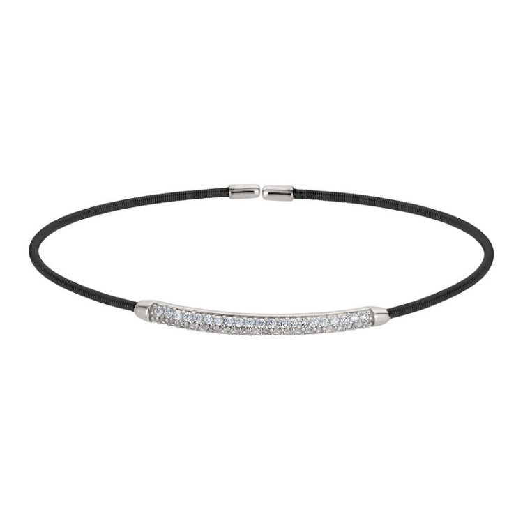 Black Rhodium Finish Sterling Silver Single Cable Cuff Bracelet with Rhodium Finish Double Row Simulated Diamonds