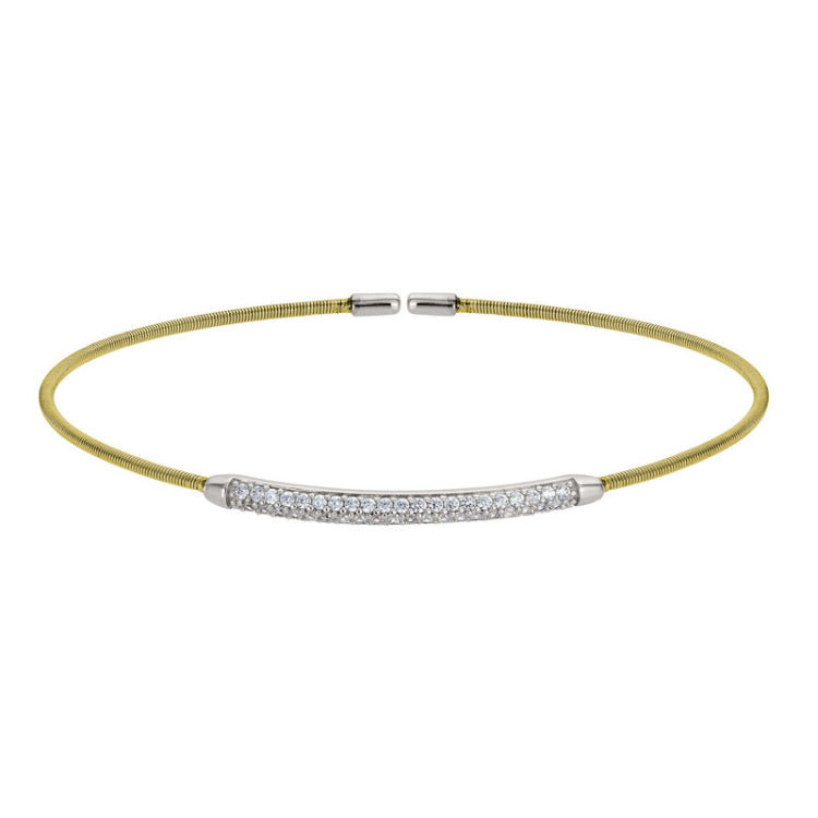 Gold Finish Sterling Silver Single Cable Cuff Bracelet with Rhodium Finish Double Row Simulated Diamonds