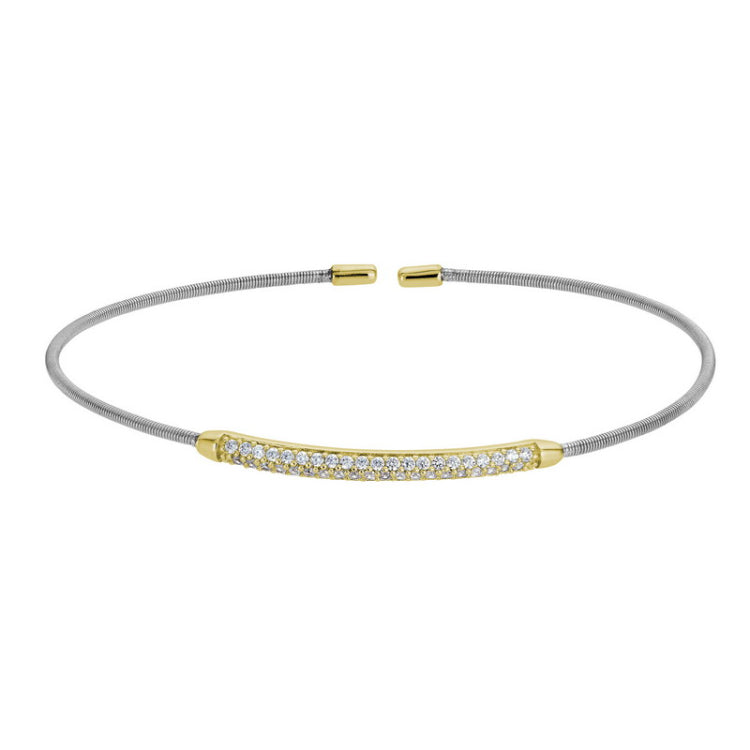 Rhodium Finish Sterling Silver Single Cable Cuff Bracelet with Gold Finish Double Row Simulated Diamonds