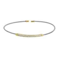 Rhodium Finish Sterling Silver Single Cable Cuff Bracelet with Gold Finish Double Row Simulated Diamonds