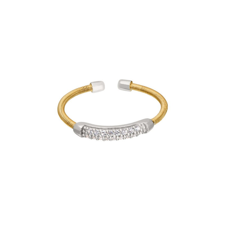 Gold Finish Sterling Silver Single Cable Cuff Ring  Rhodium Finish Double Row Simulated Diamonds