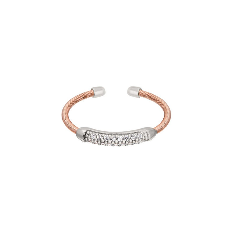 Rose Gold Finish Sterling Silver Single Cable Cuff Ring  Rhodium Finish Double Row Simulated Diamon