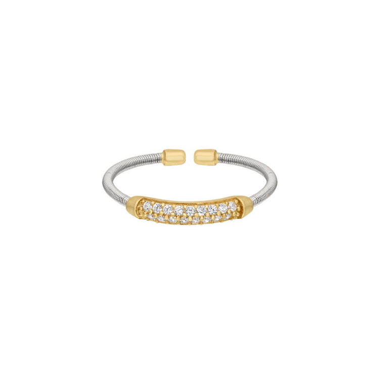 Rhodium Finish Sterling Silver Single Cable Cuff Ring  Gold Finish Double Row Simulated Diamonds