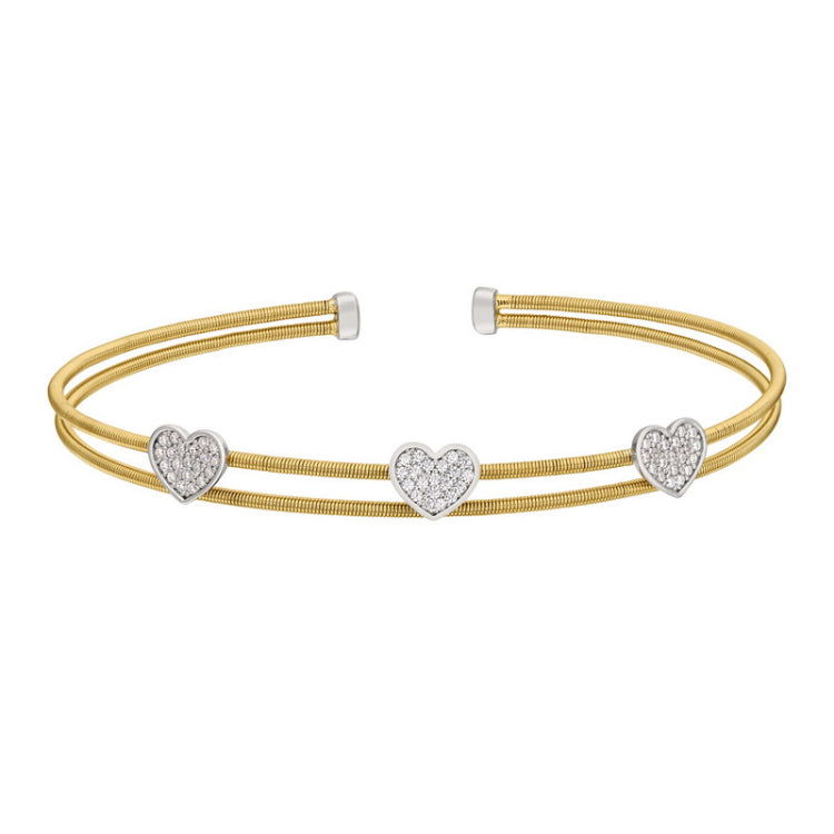 Gold Finish Sterling Silver Two Cable Cuff Bracelet with Rhodium Finish Simulated Diamond Hearts