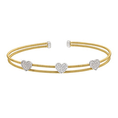 Gold Finish Sterling Silver Two Cable Cuff Bracelet with Rhodium Finish Simulated Diamond Hearts