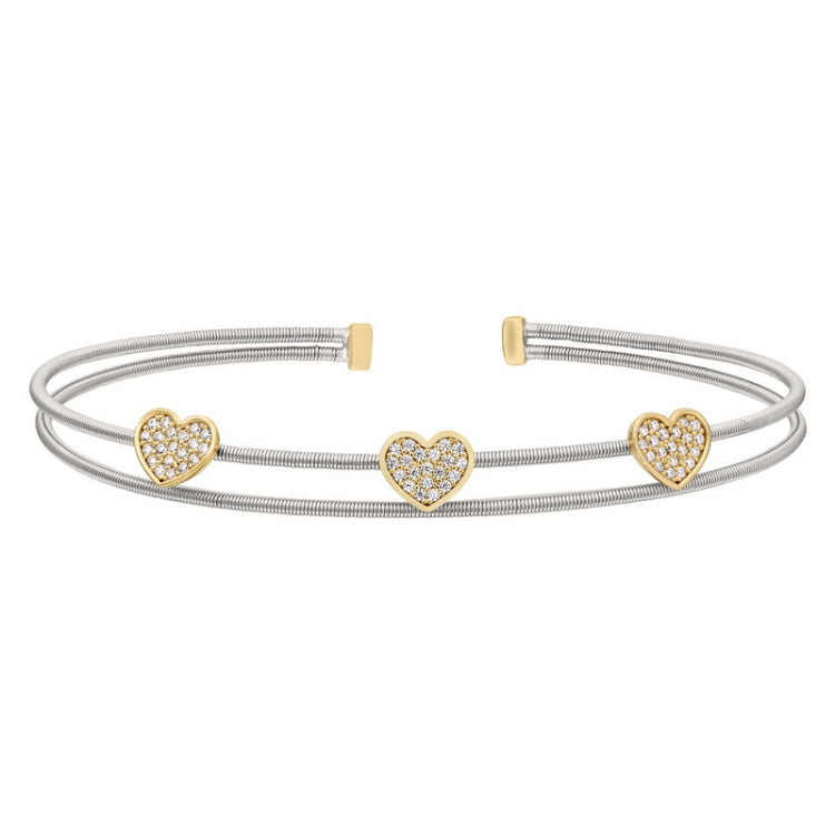 Rhodium Finish Sterling Silver Two Cable Cuff Bracelet with Gold Finish Simulated Diamond Hearts