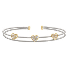 Rhodium Finish Sterling Silver Two Cable Cuff Bracelet with Gold Finish Simulated Diamond Hearts