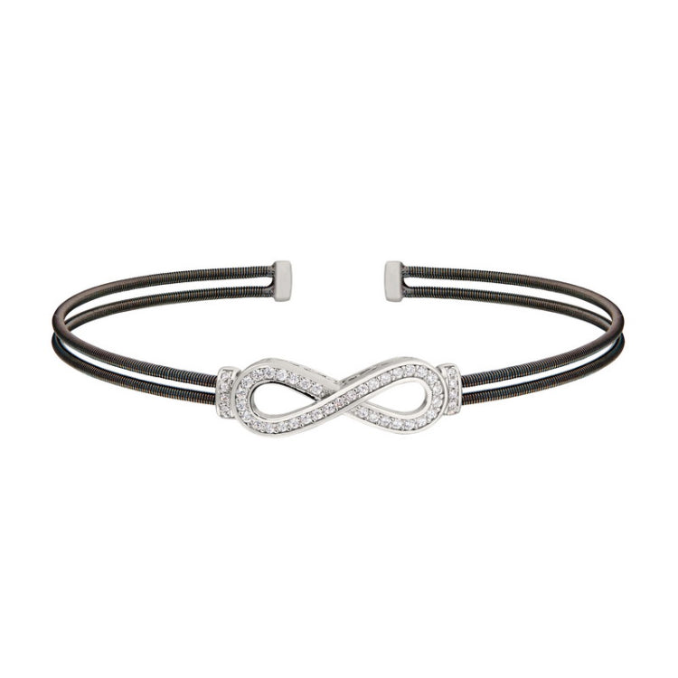 Black Rhodium Finish Sterling Silver Two Cable Cuff Bracelet with Rhodium Finish Simulated Diamond Figure Eight Eternity