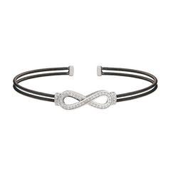 Black Rhodium Finish Sterling Silver Two Cable Cuff Bracelet with Rhodium Finish Simulated Diamond Figure Eight Eternity