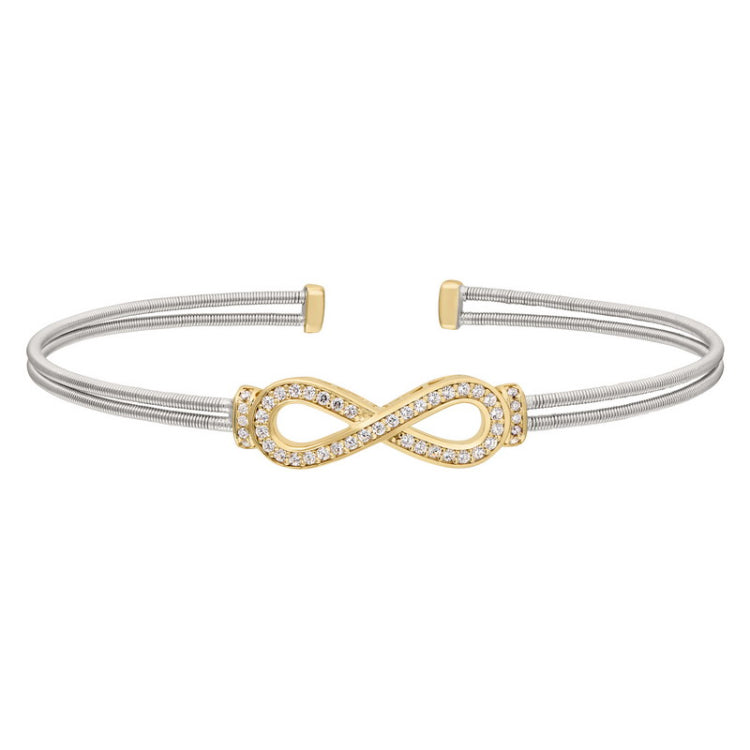 Rhodium Finish Sterling Silver Two Cable Cuff Bracelet with Gold Finish Simulated Diamond Figure Eight Eternity