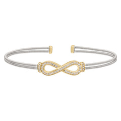 Rhodium Finish Sterling Silver Two Cable Cuff Bracelet with Gold Finish Simulated Diamond Figure Eight Eternity