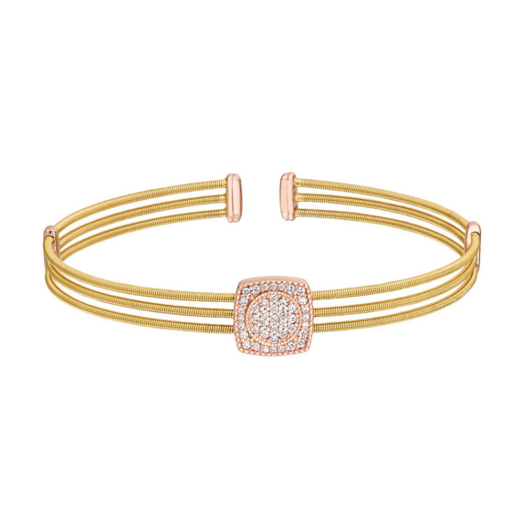 Gold Finish Sterling Silver Three Cable Cuff Bracelet  Rose Gold Finish Simulated Diamond Circle In