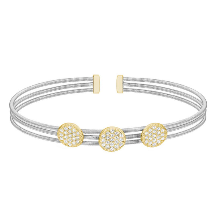 Rhodium Finish Sterling Silver Three Cable Cuff Bracelet  Gold Finish Simulated Diamond Three Large