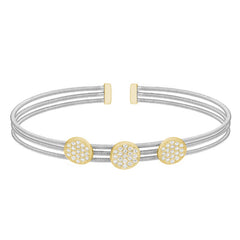 Rhodium Finish Sterling Silver Three Cable Cuff Bracelet  Gold Finish Simulated Diamond Three Large