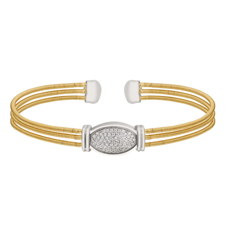 Gold Finish Sterling Silver Three Cable Cuff Bracelet with Rhodium Finish Simulated Diamond Oval