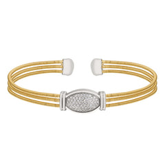Gold Finish Sterling Silver Three Cable Cuff Bracelet with Rhodium Finish Simulated Diamond Oval