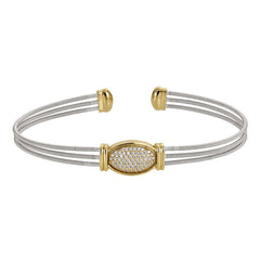 Rhodium Finish Sterling Silver Three Cable Cuff Bracelet with Gold Finish Simulated Diamond Oval