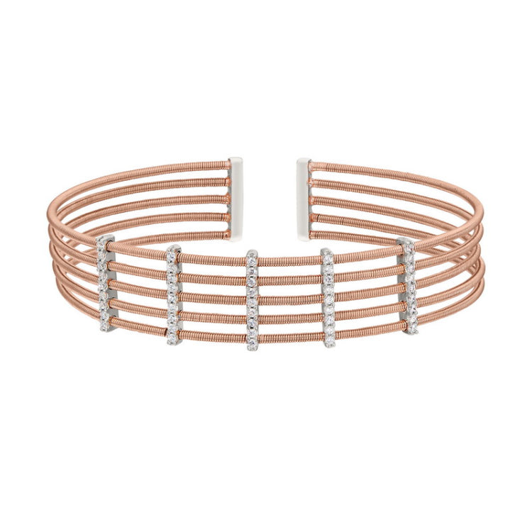 Rose Gold Finish Sterling Silver Multi Cable Cuff Bracelet with Rhodium Finish Simulated Diamond Vertical Bars