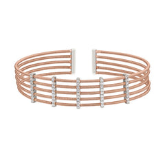 Rose Gold Finish Sterling Silver Multi Cable Cuff Bracelet with Rhodium Finish Simulated Diamond Vertical Bars