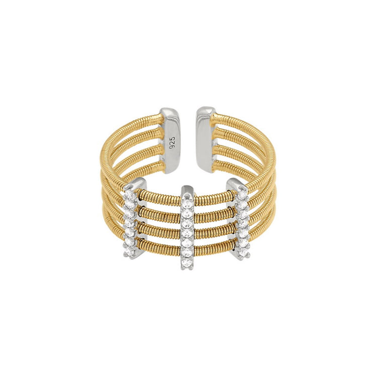 Gold Finish Sterling Silver Multi Cable Cuff Ring  Rhodium Finish Simulated Diamond Vertical Bars