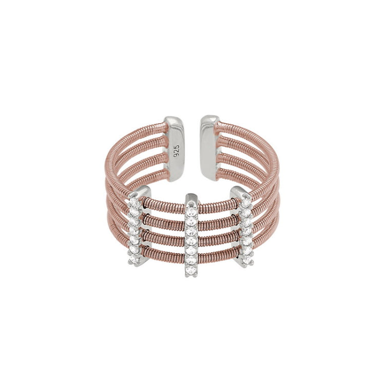 Rose Gold Finish Sterling Silver Multi Cable Cuff Ring  Rhodium Finish Simulated Diamond Vertical B