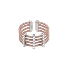 Rose Gold Finish Sterling Silver Multi Cable Cuff Ring  Rhodium Finish Simulated Diamond Vertical B