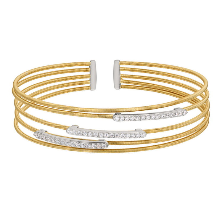 Gold Finish Sterling Silver Multi Cable Cuff Bracelet  Rhodium Finish Simulated Diamond Horizontal 