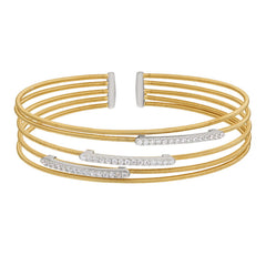 Gold Finish Sterling Silver Multi Cable Cuff Bracelet  Rhodium Finish Simulated Diamond Horizontal 