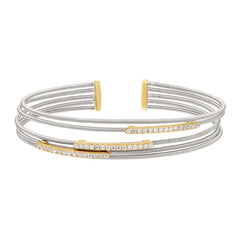 Rhodium Finish Sterling Silver Multi Cable Cuff Bracelet  Gold Finish Simulated Diamond Horizontal 