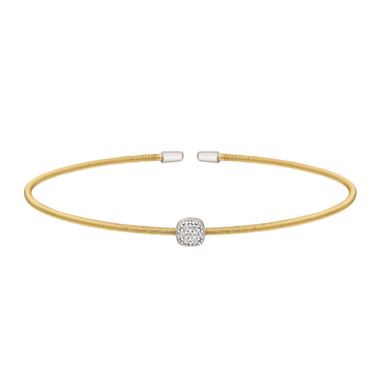 Gold Finish Sterling Silver Single Cable Cuff Bracelet with Rhodium Finish Simulated Diamonds