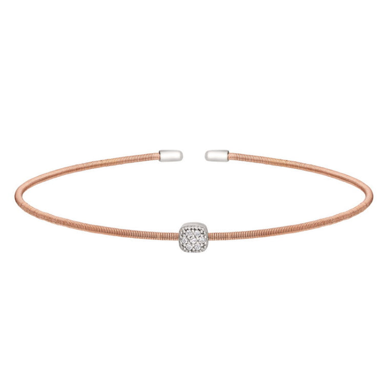 Rose Gold Finish Sterling Silver Single Cable Cuff Bracelet with Rhodium Finish Simulated Diamonds