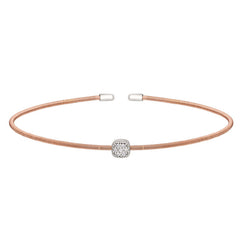 Rose Gold Finish Sterling Silver Single Cable Cuff Bracelet with Rhodium Finish Simulated Diamonds