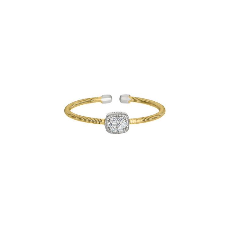 Gold Finish Sterling Silver Single Cable Cuff Ring with Rhodium Finish Simulated Diamonds