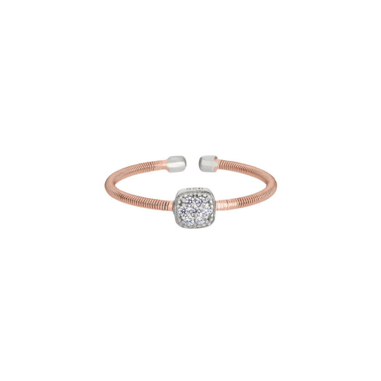 Rose Gold Finish Sterling Silver Single Cable Cuff Ring with Rhodium Finish Simulated Diamonds