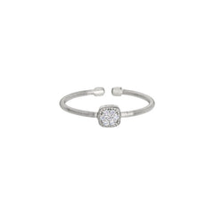 Rhodium Finish Sterling Silver Single Cable Cuff Ring with Rhodium Finish Simulated Diamonds